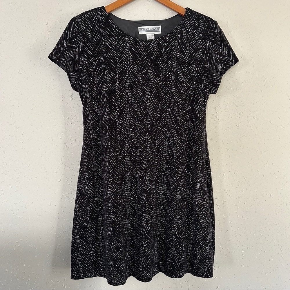 Vintage Jessica Howard Black Silver Metallic Studded Mini Dress Party NYE 12